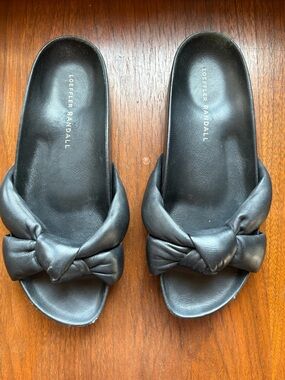 Loeffler Randall Slides Gertie Sandals Womens 6.5 Black Leather Flat Puffy Knot